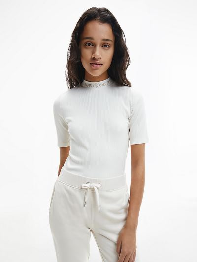 Calvin Klein Ruhák HU016361 | Calvin Klein Logo Collar Rib-Knit Női Póló Fehér
